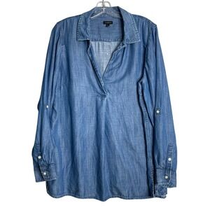 Talbots Chambray Popover Top Womens L Blue Button Back V Neck Roll Tab Sleeves